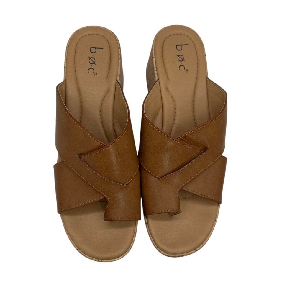 B.O.C. Born Crisscross Cork Wedge Sandals with Toe Loop Brown Sz 11 Boho Neutral